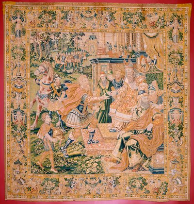 نسيج فلمنكي. سلسلة كتاب جوديث. تأتي الحرب في يهوذا (Llega la guerra a Judá). النسيج الرابع في السلسلة. تصنيع هولندا ، بروكسل (؟). النصف الثاني من القرن السادس عشر. نسيج الصوف. الموقع كنيسة القديس نيكولاس باري (متحف س بواسطة المدرسة الفلمنكية