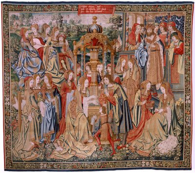 نسيج فلمنكي. سلسلة تاريخ داود وبثشبع. Bathseba في حمامها (Betsabé en el baño sorprendida por David). اللوحة الأولى من السلسلة. نموذج مجهول. تصنيع غير معروف ، بروكسل بواسطة المدرسة الفلمنكية