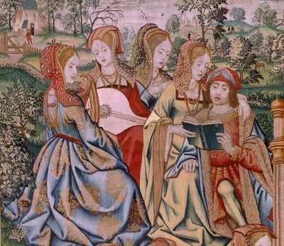 نسيج فلمنكي. سلسلة تاريخ داود وبثشبع. Bathseba في حمامها (Betsabé en el baño sorprendida por David). اللوحة الأولى من السلسلة. نموذج مجهول. تصنيع غير معروف ، بروكسل بواسطة المدرسة الفلمنكية