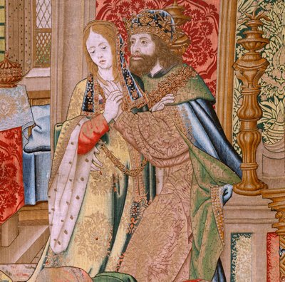 نسيج فلمنكي. سلسلة تاريخ داود وبثشبع. زواج داود وبثشبع (Casamiento de David y Betsabé). اللوحة الثانية من السلسلة. نموذج مجهول. تصنيع غير معروف ، بروكسل. 1505. أقمشة من الذهب والحرير والصوف. بواسطة المدرسة الفلمنكية