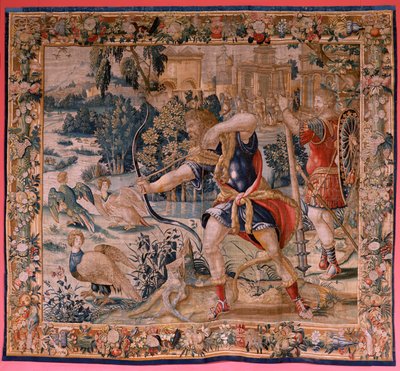 نسيج فلمنكي. سلسلة أعمال هرقل. هرقل والطيور Stymphalian (Hércules y las aves del lago Estínfalo). النسيج الأول في السلسلة الموجودة. نموذج غير معروف. مصنع ويليم ديرموين ، بروكسل. كاليفورنيا 1528. نسيج حرير وصوف. ؛ مقاس بواسطة المدرسة الفلمنكية