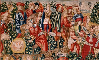نسيج فلمنكي. سلسلة مثل العمال في الكرم. دفع الديناريوس (El pago del denario). النسيج الثاني في السلسلة. تصنيع بروكسل ، ورش عمل بيتر فان إيلست (؟). كاليفورنيا 1500. نسيج حرير وصوف ، 6 لفات لكل سم. بواسطة المدرسة الفلمنكية