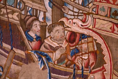 نسيج فلمنكي. السلسلة البرتغالية في الهند: الوصول إلى كاليكوت (De Aankomst in Calicut ، Llegado de Vasco de Gama a Lisboa). كاليفورنيا 1510. مجموعة Caixa Geral de Depósitos ، لشبونة. التفاصيل. بواسطة المدرسة الفلمنكية