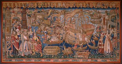 نسيج فلمنكي. السلسلة البرتغالية في الهند: الوصول إلى كاليكوت (De Aankomst in Calicut ، Llegado de Vasco de Gama a Lisboa). كاليفورنيا 1510. مجموعة Caixa Geral de Depósitos ، لشبونة. بواسطة المدرسة الفلمنكية