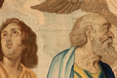 نسيج فلمنكي. سلسلة انتصار القربان المقدس. المبشرون الأربعة (Los cuatro evangelistas). نسيج الحادي عشر في السلسلة. نموذج بيتر بول روبنز. 1626-1628. مصنع جان الثاني رايس ، هانز فيرفورت ، جاك فوبرت ، بروكسل بواسطة المدرسة الفلمنكية