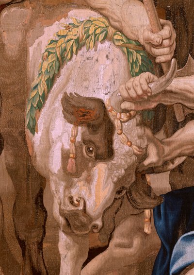 نسيج فلمنكي. سلسلة انتصار القربان المقدس. انتصار القربان المقدس على التضحيات الوثنية (Victoria de la Eucaristía sobre los sacrificios paganos). النسيج الرابع في السلسلة. نموذج بيتر بول روبنز. 1626-1628. المصنع Jan II Raes، Jac بواسطة المدرسة الفلمنكية