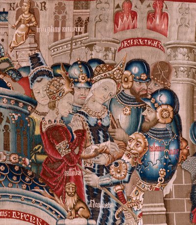 نسيج فلمنكي. مسلسل حرب طروادة. تدمير طروادة (Destrucción de Troya). نسيج الحادي عشر في السلسلة. نموذج Coëtivy Master (Henry أو Conrard de Vulcop). تصنيع ورش تورناى. كاليفورنيا 1470. نسيج صوف وحرير ، 6/7 انفتال لكل سم. بواسطة المدرسة الفلمنكية