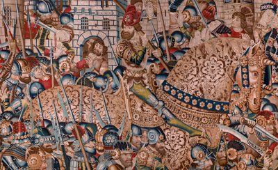 نسيج فلمنكي. مسلسل حرب طروادة. تدمير طروادة (Destrucción de Troya). نسيج الحادي عشر في السلسلة. نموذج Coëtivy Master (Henry أو Conrard de Vulcop). تصنيع ورش تورناى. كاليفورنيا 1470. نسيج صوف وحرير ، 6/7 انفتال لكل سم. بواسطة المدرسة الفلمنكية