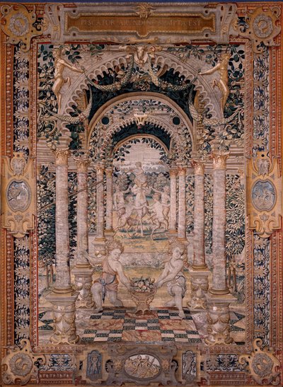 نسيج فلمنكي. سلسلة Vertumnus و Pomona. النسيج السابع من السلسلة ؛ تحول Vertumnus إلى صياد (الجزء المركزي). نماذج دائرة بيتر كويك فان إيلست وليونارد تيري. ورشة تصنيع غير معروفة ، بروكسل. قبل عام 1550. فابريك جو بواسطة المدرسة الفلمنكية