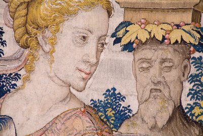 نسيج فلمنكي. سلسلة Vertumnus و Pomona: تحول Vertumnus إلى مزارع (Vertumnus كمزارع ، وتحويل Vertumno والمزارع). أتيليه ويليم دي بانميكر. حوالي 1545-1550. التفاصيل. بواسطة المدرسة الفلمنكية