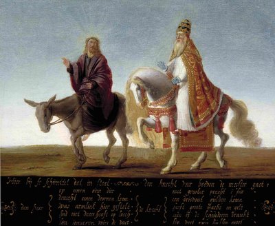 "" يسوع مُصَوَّر على حمار جنبًا إلى جنب مع البابا الثري على ظهر حصان "" رسم كاريكاتوري لوثري ضد البابا - لوحة مجهولة المصدر بواسطة المدرسة الفلمنكية