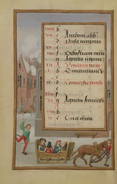 السيدة 1058-1975 f1v Street Scene in the Snow ، صفحة التقويم المضيئة لشهر يناير ، من كتاب ساعات ، c.1500 بواسطة المدرسة الفلمنكية
