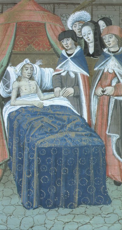 السيدة Hunter 9 f.76r مريض في الفراش مع طبيبين ، من De Medina Fen I. II ، بواسطة ابن سينا (980-1037) بواسطة المدرسة الفلمنكية