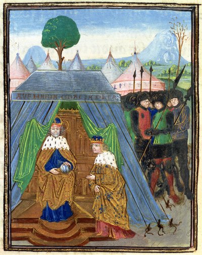 Roy 15 E I f.321v Baldwin II يزور Manuel Comnenus ، من Outremer Story (vellum). بواسطة المدرسة الفلمنكية