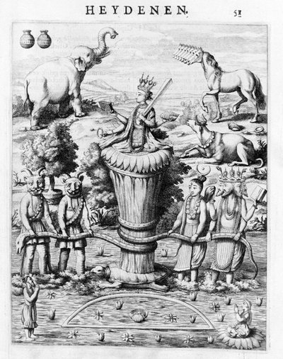 Samudramathana ، بمشاركة ديفا (سوريا ، شيفا ، فيشنو ، براهما) مع الشياطين والجبال. بحسب Baldaeus Philippus Afgoderye der oost-indische Heydenen. أمستردام 1672 بواسطة المدرسة الفلمنكية