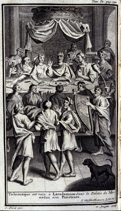 يتم استلام Telemaque في Lacedemone في قصر Menelas مع Pisistrate. رسم توضيحي للكتاب الرابع من أوديسي أوف هومير ، في أوديسي ، نُشر في أمستردام عام 1731 ، ميلانو. بواسطة المدرسة الفلمنكية