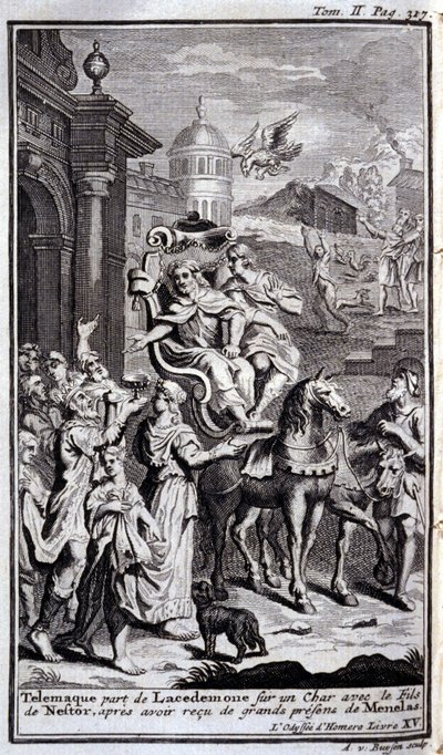 يترك Telemaque Lacedemone على خزان مع ابن Nestor بعد تلقيه هدايا رائعة من Menelas. رسم توضيحي لكتاب XV de l'Odyssee d'Homere ، في l'Odyssee ، نُشر في أمستردام عام 1731 ، Collection privee Milan. بواسطة المدرسة الفلمنكية