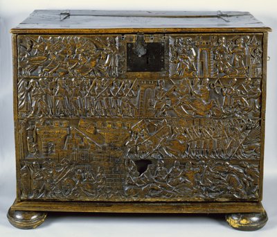 صندوق Courtrai Chest يصور مشاهد من معركة Golden Spurs قاتل في Courtrai في 1302 (خشب) بواسطة Flemish School