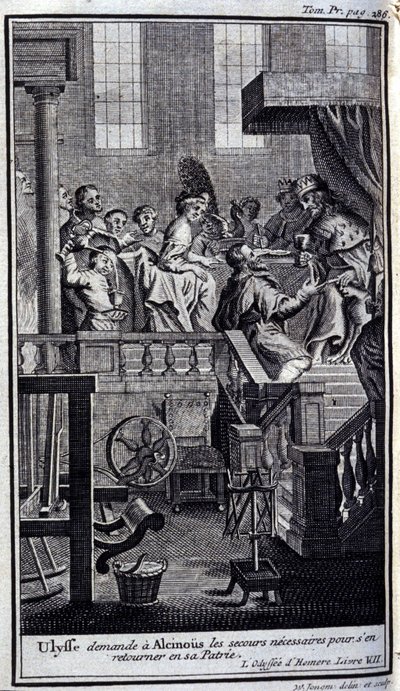 يطلب Ullysse من Alcinoos (Alcinoos) المساعدة اللازمة للعودة إلى وطنه. رسم توضيحي للكتاب السابع من أوديسي أوف هومير ، في أوديسي ، نُشر في أمستردام عام 1731 ، مجموعة بريفي ميلان. بواسطة المدرسة الفلمنكية