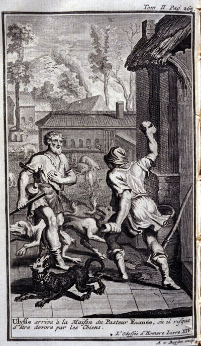 يصل يوليسيس إلى منزل القس إومي ، أو قد تبتاعه الكلاب. رسم توضيحي للكتاب XIV de l'Odyssee d'Homere ، في l'Odyssee ، نُشر في أمستردام عام 1731 ، Collection privee Milan. بواسطة المدرسة الفلمنكية