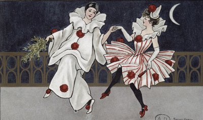 بطاقة بريدية تصور Pierrot ورفيقه ، c.1900 بواسطة فلورنس هاردي