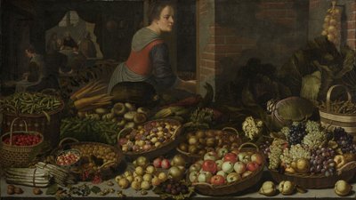 الحياة الساكنة مع الفاكهة والخضروات ، مع المسيح في عمواس في الخلفية ، ج. 1630 بواسطة فلوريس جيريتس فان شوتن