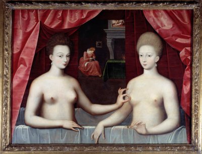 غابرييل ديستريس (1573-1599) ، عشيقة الملك هنري الرابع وأخته دوقة فيلارز (جوليان هيبوليت أو جوليان هيبوليت) (1575-1657) لوحة لمدرسة فونتينبلو بواسطة مدرسة فونتينبلو
