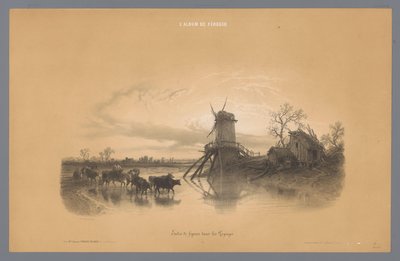 طاحونة مع الناس والحيوانات التي تخوض في الماء دراسات الأشكال في المناظر الطبيعية (عنوان السلسلة) ألبوم دي فيروجيو. Études de Figures dans les Paysages (عنوان السلسلة على الكائن) بواسطة فرانسوا ديلارو