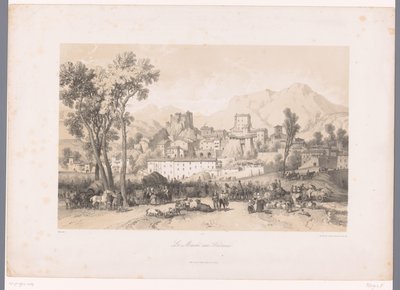 منظر لقرية بها سوق للحيوانات في واد Le Marché aux Bestiaux (العنوان على الكائن) بواسطة Gihaut frères
