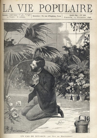 رجل يائس يصلي على ركبتيه في دفيئة. رسم إيضاحي لـ F.Meaulle بعد B. Borione عن "قضية طلاق" بقلم جاي دي موباسان (1850-1893). نقش من عام 1890 في "La vie populaire". مجموعة خاصة بواسطة فورتشن لويس ميول