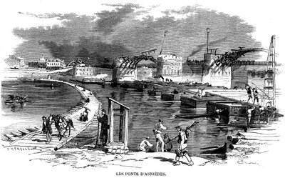 بعد حريق جسر أسنيير أثناء حصار باريس في عام 1870، تم تركيب جسر قارب (جسر القوارب) - على هذا النقش الذي رسمه ميول (حوالي عام 1870)، تم تركيب هيكل خشبي آخر بجوار الجسر - كوميون دي باريس - بواسطة فورتشن لويس ميول