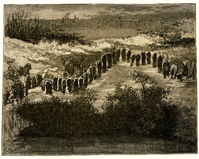 محاذاة منهير كارناك. رسم لفيكتور هوجو قبر ميول. مقتطف من نص هوغو (En voyage en Bretagne بواسطة فورتشن لويس ميول