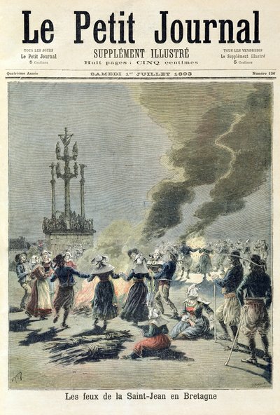 أضاءت النيران للاحتفال بالانقلاب الصيفي في بريتاني ، الغلاف الأمامي لـ "Le Petit Journal" ، 1 يوليو 1893 (نقش ملون) بواسطة Fortune Louis Meaulle and Henri Meyer