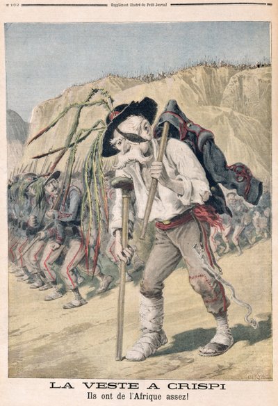 `` هزيمة Crispi&39;s &39;&39; ، كاريكاتير من `` le Petit Journal &39;&39; ، 1896 بواسطة Fortune Louis Meaulle and Henri Meyer
