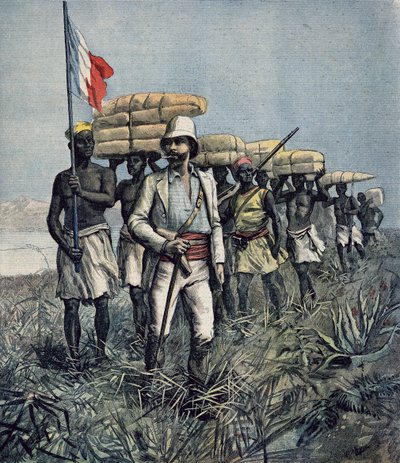 الملازم ميزون (1853-99) في مهمته الاستكشافية لعام 1892 في منطقة نهر بينو في نيجيريا ، من "لو بيتيت جورنال" ، يوليو 1892 بواسطة فورتشن لويس ميول وهنري ماير