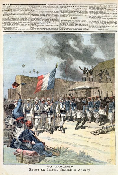 العلم الفرنسي يدخل أبومي ، من `` Le Petit Journal &39;&39; ، 10 ديسمبر 1892 بواسطة فورتشن لويس ميول وهنري ماير
