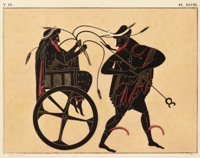 طباعة الزخرفة على أمفورا يونانية ، تظهر تريبتوليموس وهيرميس ، ج. 1858 (ألوان مائية ولون جسم على ورق ليثو على ورق منسوج) بواسطة فوركمين فوركوين