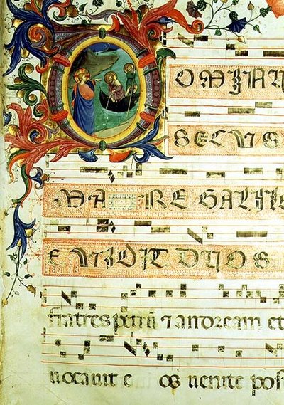 Ms 558 f.9r `` O '' الأولي التاريخي الذي يصور نداء القديس بطرس وسانت أندرو مع تدوين موسيقي ، تفاصيل صفحة من كتاب قداس ، أوائل 1430s (رق) (لمزيد من التفاصيل انظر 78833 و 88929) بواسطة فرا (1387-1455) انجيليكو