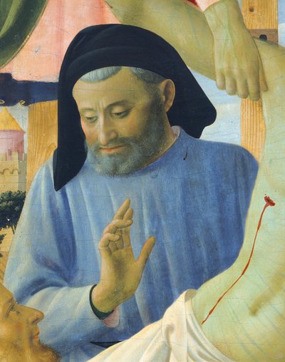 المهندس المعماري Michelozzo ، تفاصيل من The Deposition from the Cross أو Altarpiece of the Holy Trinity ، حوالي 1432 ، بقلم جيوفاني دا فيسول المعروف باسم Fra Angelico (1400-ca 1455) ، تمبرا على الخشب بواسطة فرا (1387-1455) انجيليكو