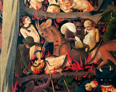 الجحيم مع الشياطين التي تعاقب الجشعين ، تفاصيل من Last Judgement بواسطة Giovanni da Fiesole المعروف باسم Fra Angelico (1400-حوالي 1455) ، تمبرا على الخشب بواسطة فرا (1387-1455) انجيليكو
