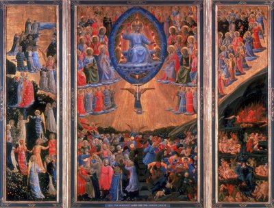 الدينونة الأخيرة. الجنة ، اليسار ، الجحيم ، الحق. المسيح يجلس في الدينونة في لوحة مركزية. Fra Angelico (1400-1455) رسام فلورنسي. ثلاثية. تمبرا على متن الطائرة. متحف Staatliche ، برلين. بواسطة فرا (1400-55) أنجيليكو