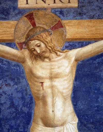 صلب المسيح. نقش "INRI" على الصليب ، التفاصيل بواسطة فرا انجيليكو