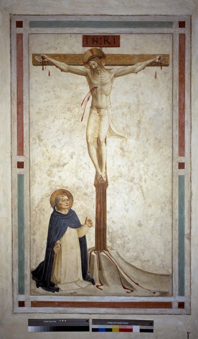 صلب مع سانت دومينيك. نقش "INRI" على الصليب. فريسكو من قبل Guido di Pietro بواسطة فرا انجيليكو