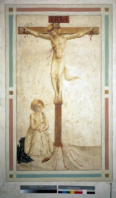 الصلب مع القديس دومينيك. نقش "INRI" على الصليب. فريسكو من قبل Guido di Pietro بواسطة فرا انجيليكو
