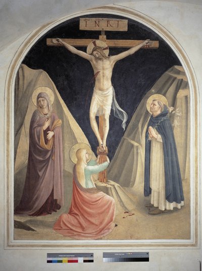 الصلب مع القديس دومينيك والعذراء مريم والقديسة مريم المجدلية. نقش "INRI" على الصليب. فريسكو من قبل Guido di Pietro بواسطة فرا انجيليكو