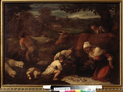 "Le soir" (المساء) عائلة من الرعاة ، نساء وأطفال يتناولون الغداء على العشب. رسم حاشية جاكوبو باسانو (دا بونتي) (1510-1592) من القرن السادس عشر ، متحف إيفان كرامسكوي (أو كرامسكوي) للفنون الجميلة في فورونيج (فورونيج) ، روسيا. بواسطة فرانشيسكو (دائرة) باسانو