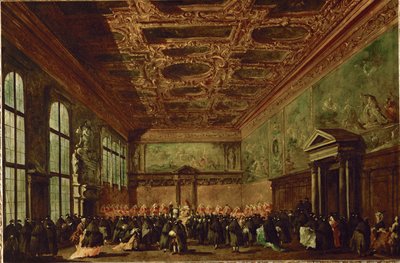 La salle du college au palais des Doges a Venise - قاعة المجلس في قصر دوجيز، البندقية ... بواسطة فرانشيسكو (دائرة) غواردي