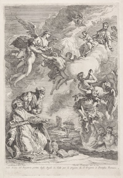 يصلي القديس غريغوريوس الكبير والقديس جيروم من أجل النفوس في المطهر Molte Anime del Purgatorio portate dagli Angeli in Cielo per le pregiere di S. Gregorio I. Pontefice Romano (العنوان على الكائن) بواسطة سيباستيانو ريتشي