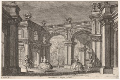 سيدتان ورجلين يرقصان في محيط معماري مزخرف ، نافورة في ... ، 1765. بواسطة فرانشيسكو جالي بيبينا