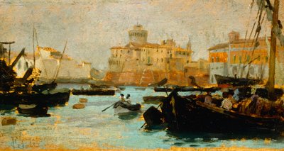 Port in Livorno by Francesco Gioli (1846-1922) ، زيت على لوح ، 9x17 سم بواسطة فرانشيسكو جيولي